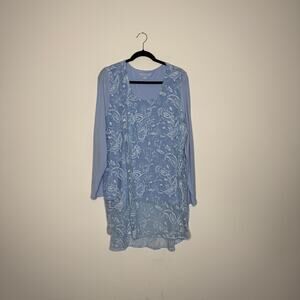 Soft Surroundings XL Silk Tunic Top Blue Embroidered Floral Sheer Overlay